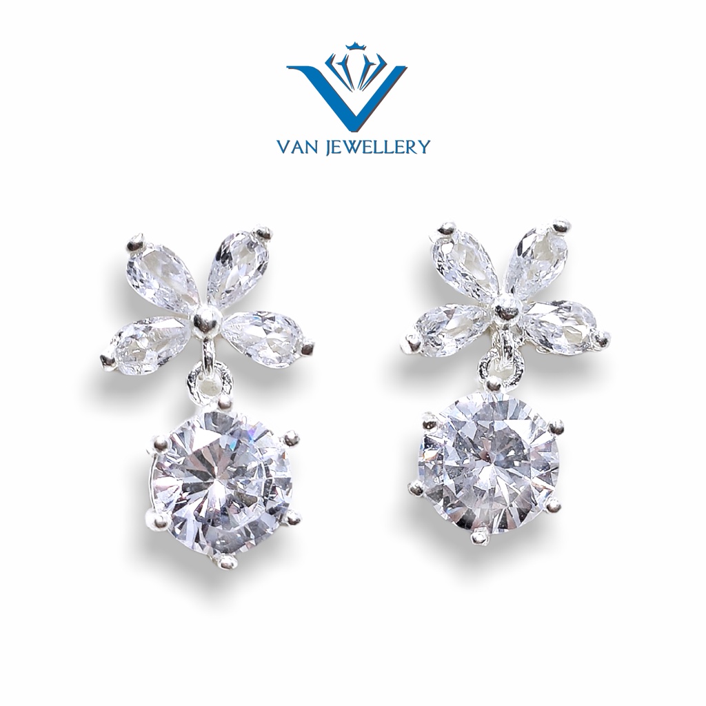 Bông tai bạc Bông Nơ full đá trắng sáng sang chảnh