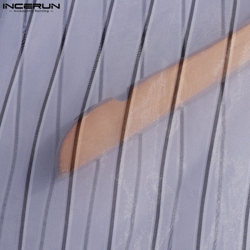 Áo sơ mi Incerun lưới tay ngắn trong suốt dáng rộng cài khuy kẻ sọc cá tính cho nam