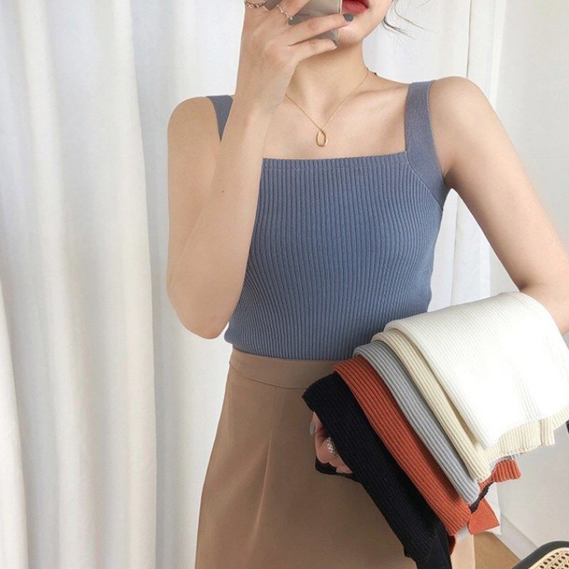 Áo 2 dây bản to len tăm cổ vuông ôm body nhiều màu