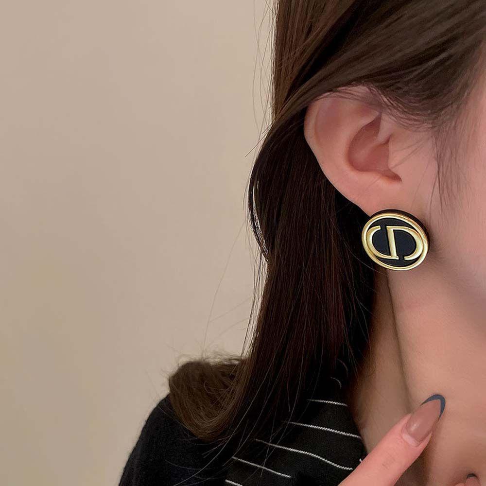 EXPEN Bông Tai Hình Tròn Họa Tiết Chữ D Bằng Bạc Phong Cách Hàn Quốc Thời Trang Cho Nữ