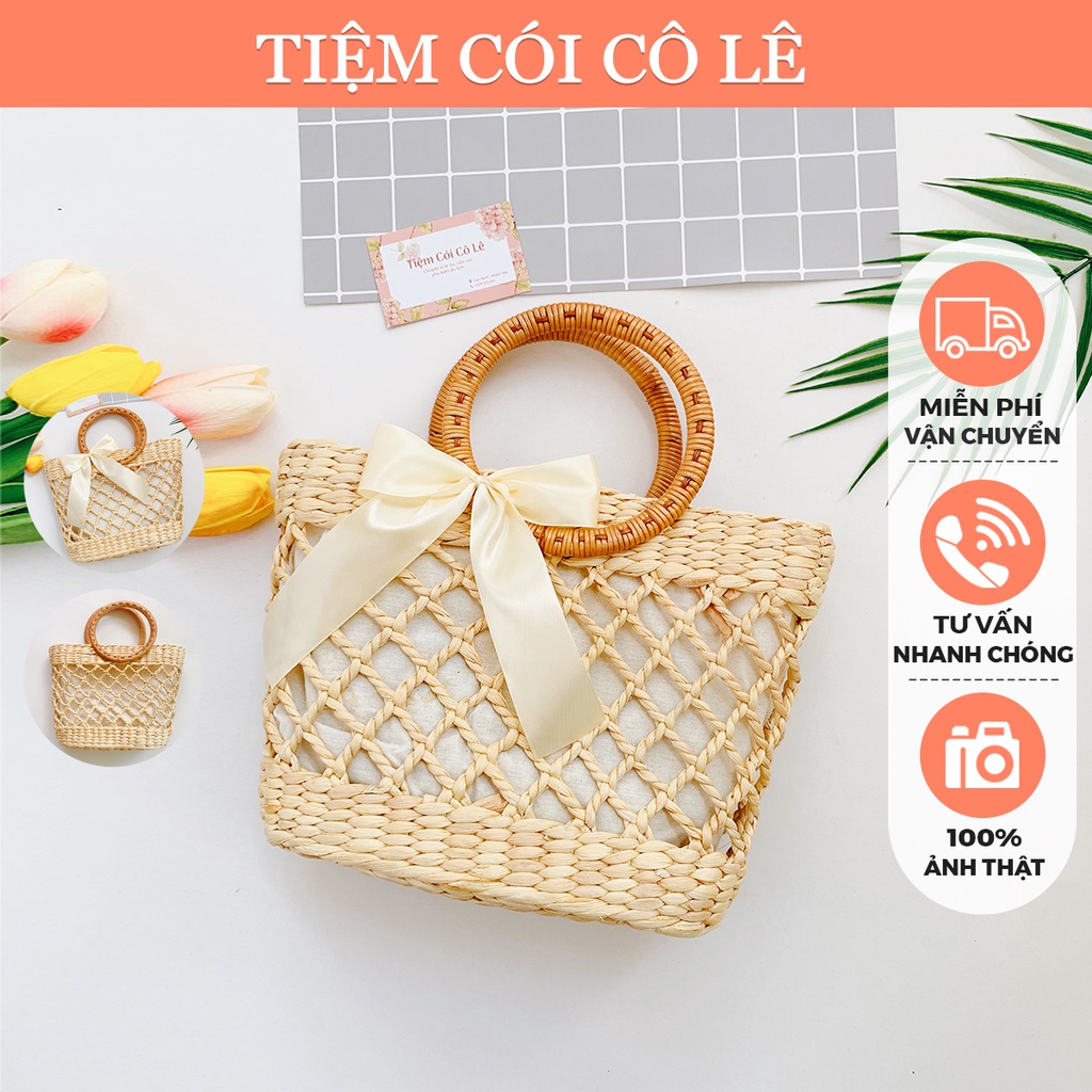 Túi lục bình đan ô size 30cm quai xách tròn xinh xắn - Tiệm Cói Cô Lê