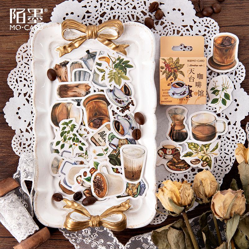 Hộp 46 sticker hoạ tiết coffee - hình dán cà phê style cổ điển