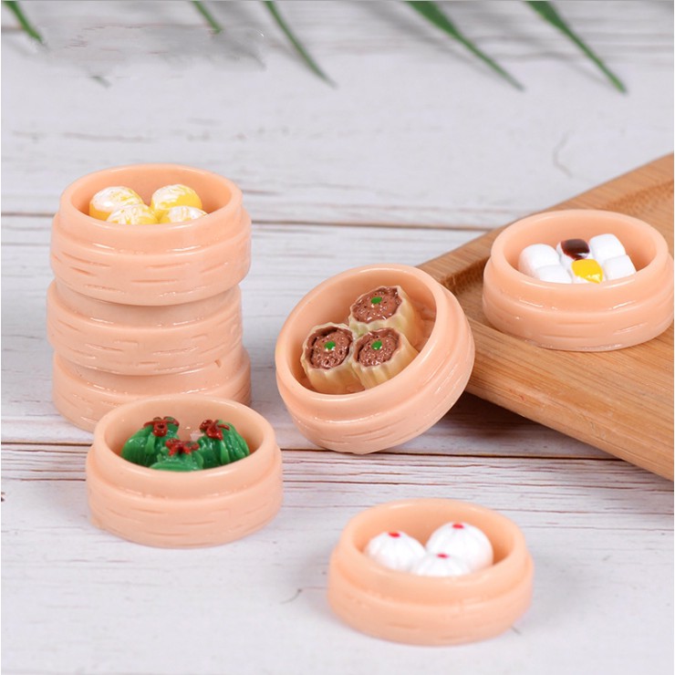 Mô hình các khay bánh ú, bánh bao, dimsum trang trí nhà búp bê, móc khóa, DIY