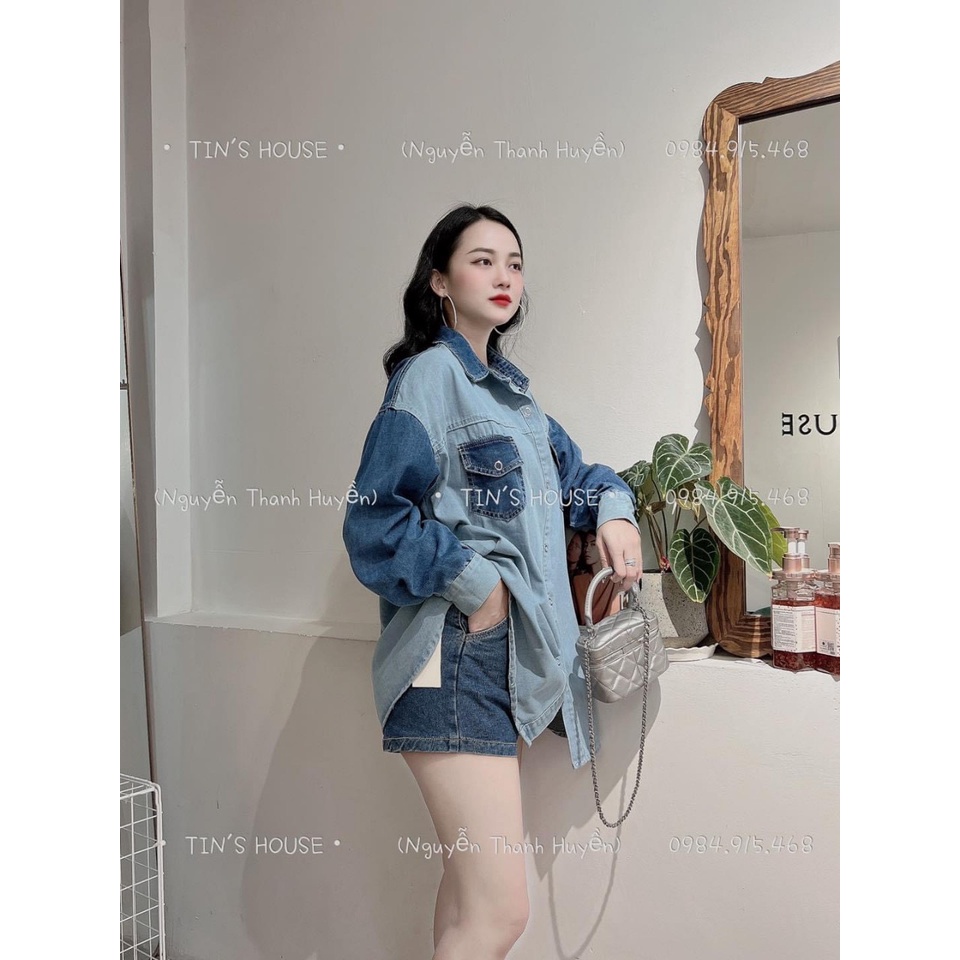 Áo sơ mi Jean nữ cộc tay form rộng. áo bò nữ tay ngắn có túi ngực free Size 45&gt;&gt;60 kg