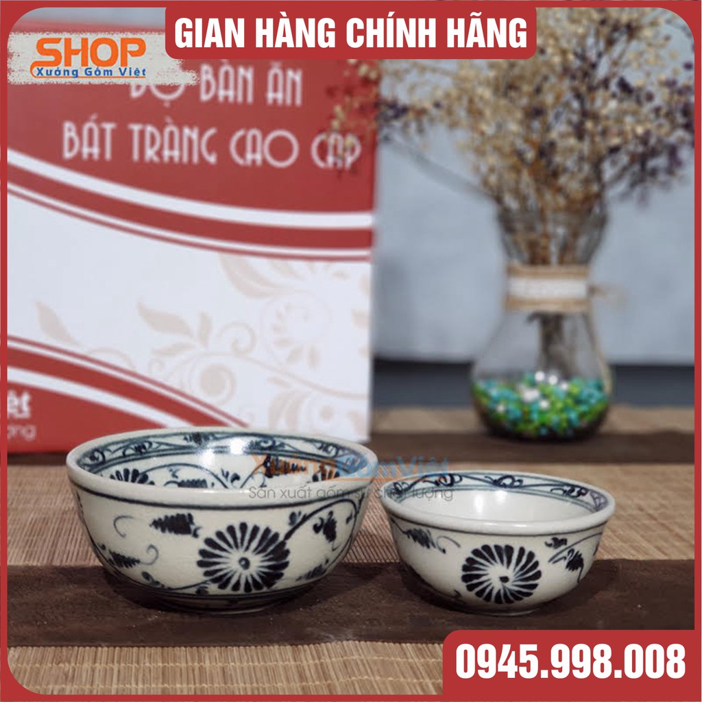 Set bát đĩa sứ giả cổ cao cấp vẽ cúc đen 12 món, hàng vuốt tay thủ công BÁT TRÀNG - XƯỞNG GỐM VIỆT