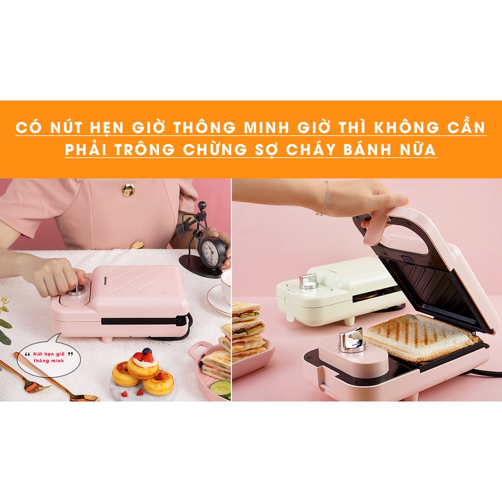 Máy Kẹp Nướng Bánh Mì Sandwich,Waffle Ăn Sáng Cao Cấp Đa Năng Tiện Lợi 650W Kèm 2 Đôi Khuôn Sẵn (Tặng ổ 3 chân sang 2)