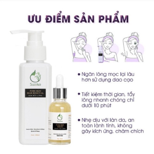 Combo Kem tẩy lông và serum ức chế mọc lông dùng cho Chân, Tay, Nách, Ngực, Bụng, Body tại nhà SUZIKO