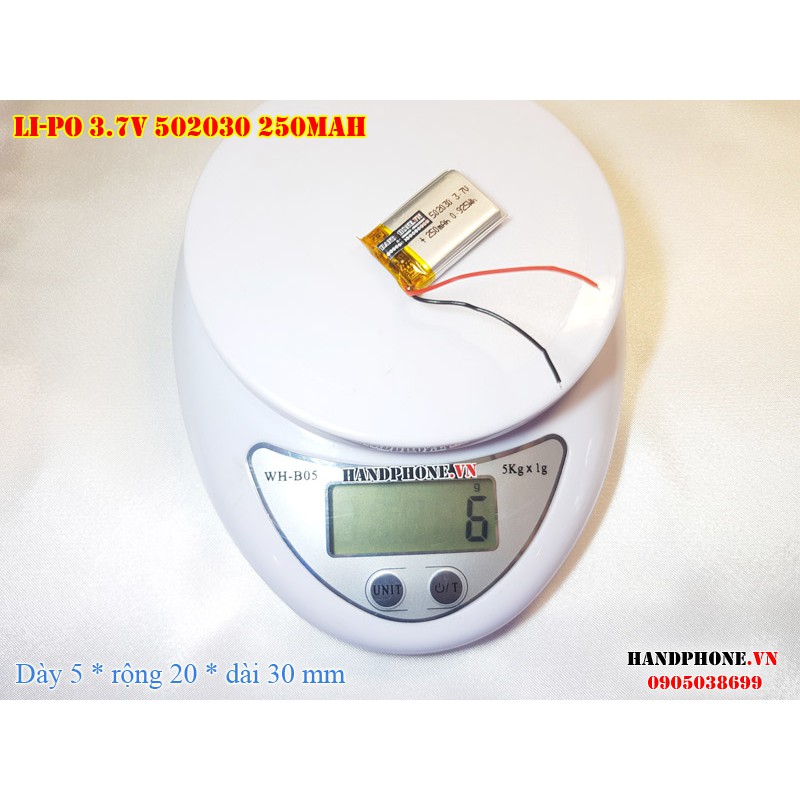 Pin Li-Po 3.7V 250mAh 502030 (Lithium Polymer) cho tai nghe Bluetooth, loa Bluetooth, định vị GPS, camera hành trình