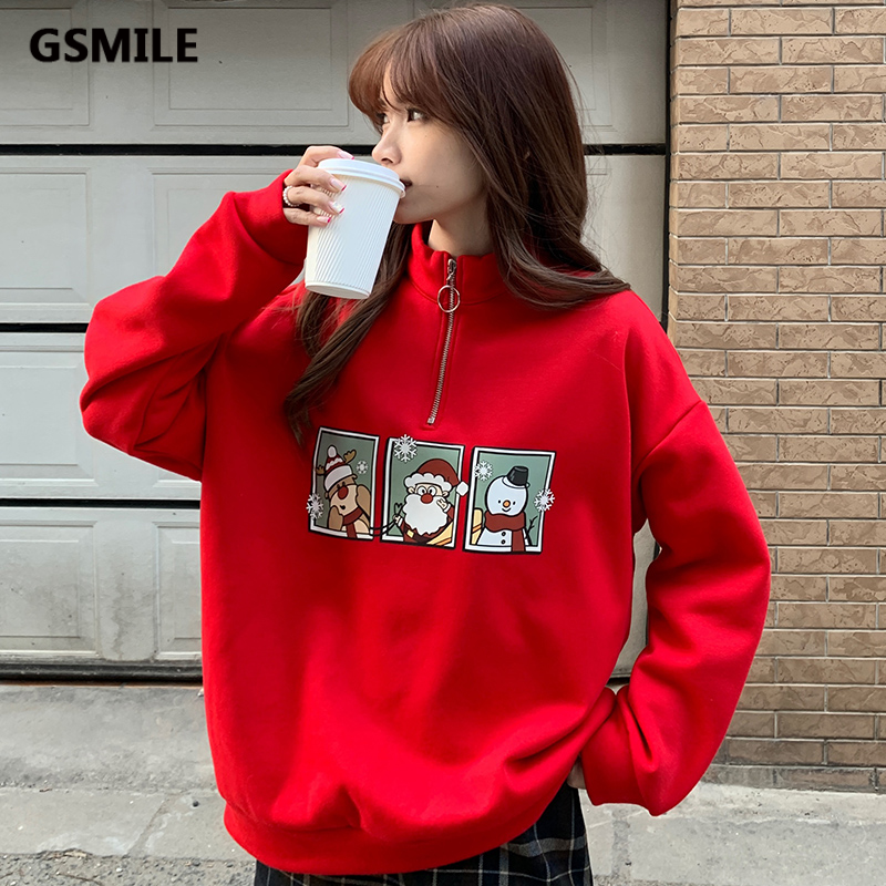 Áo Sweater Tay Dài Dáng Rộng Cổ Khóa Kéo Phong Cách Hàn Quốc Thời Trang Giáng Sinh 3 Kiểu Lựa Chọn