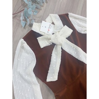 Váy nhung tay sơ mi cổ nơ