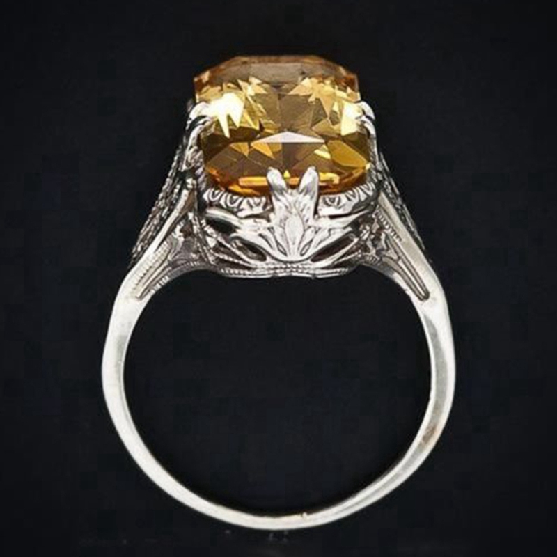 Ring Baguette Emerald Cut Lemon Yellow Citrine Retro Hollow Diamond Jewelry Birthday Proposal Gift