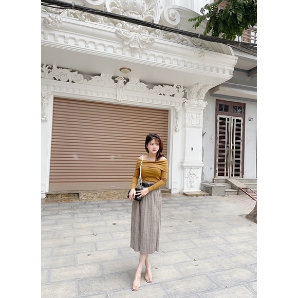 Chân váy xếp ly đai nhũ