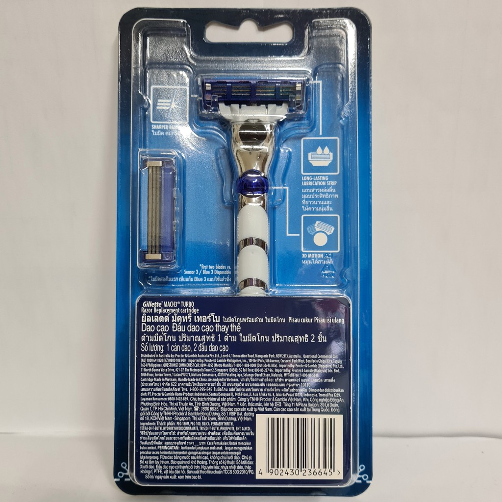 Dao cạo râu 3 lưỡi Gillette Mach 3 Turbo 3D (1 tay cầm và 2 đầu cạo)