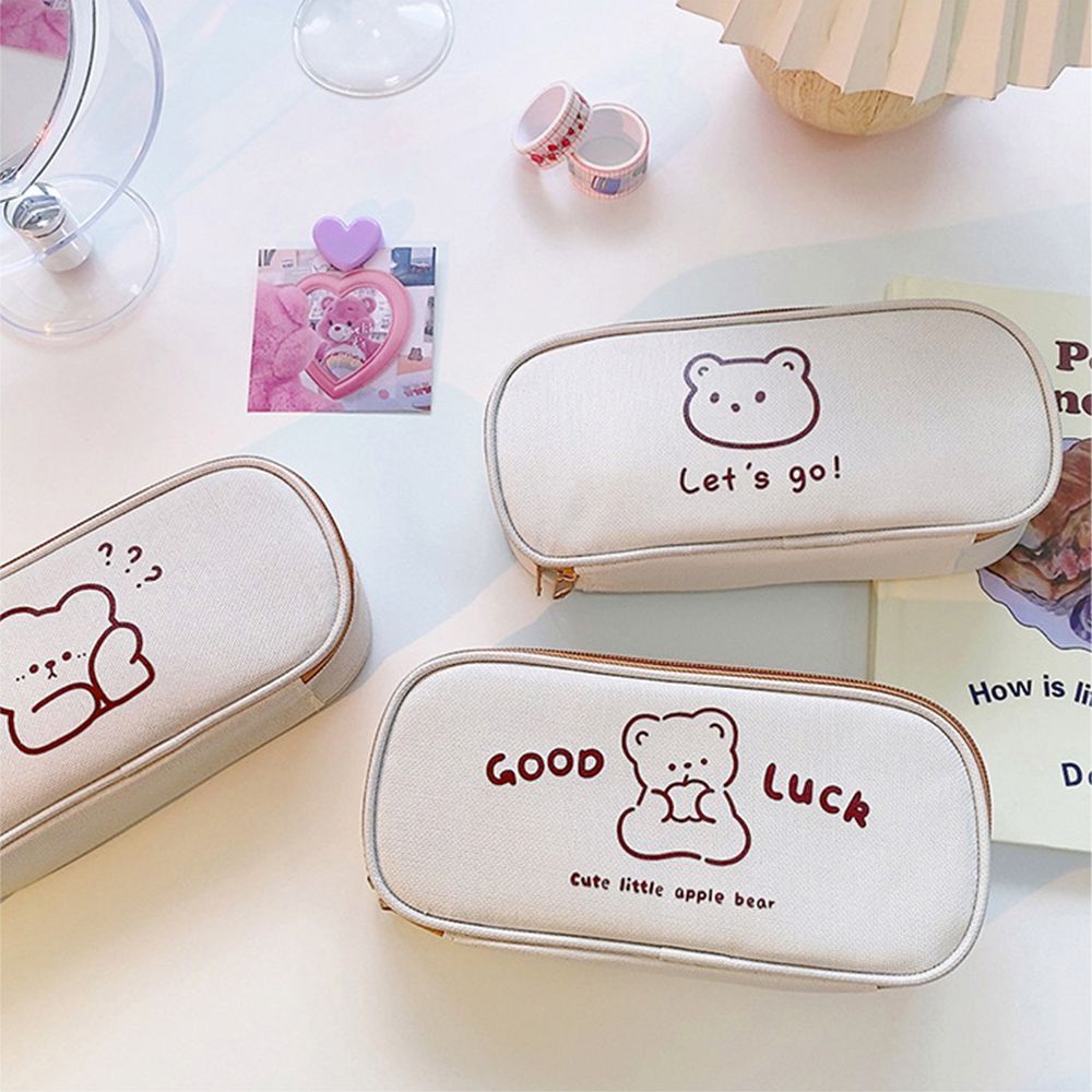 Túi đựng bút/dụng cụ trang điểm chất liệu vải bố cỡ lớn chống thấm nước họa tiết gấu/thỏ hoạt hình dễ thương đa năng