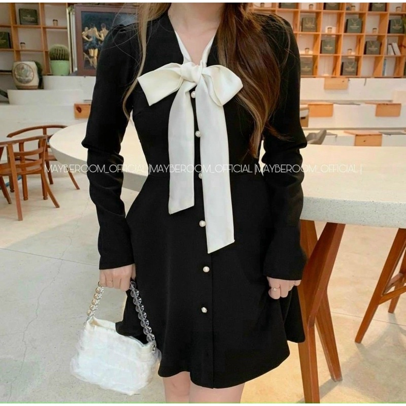 ĐẦM BBD ĐEN PHỐI NƠ CỔ