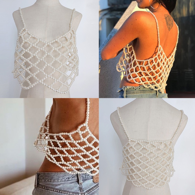 Xiangbao Áo Crop Top Lưới Rỗng Cổ Chữ V Đính Hạt Ngọc Trai Giả Gợi Cảm Cho Nữ
