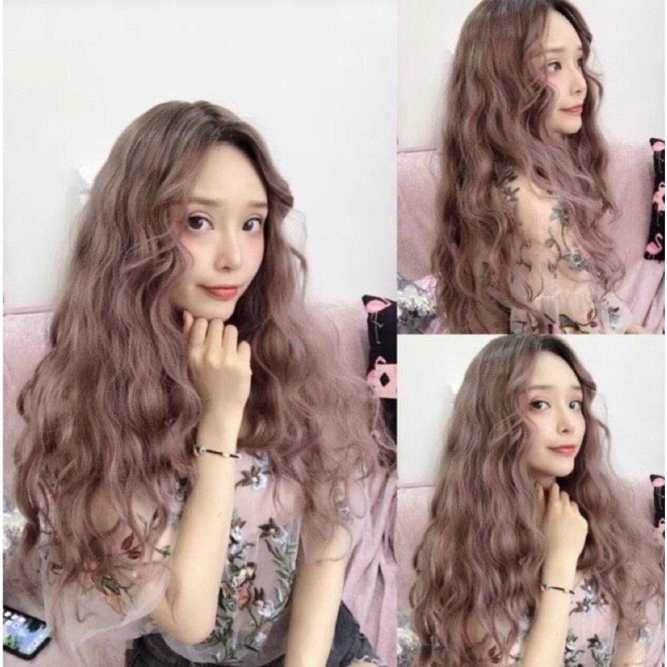 Tóc giả nguyên đầu cao cấp xù dài ombre hồng ko mái xu hướng Hàn Quốc QiQiShop