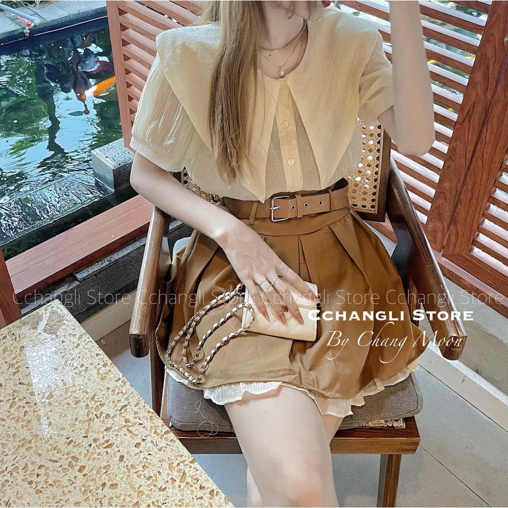 Bộ Áo Sơ Mi Cổ Sen Chân Váy Kaki Xòe Viền Bèo  Set Áo Nữ Cộc Tay Kèm Váy 2 Lớp dây lưng THỜITRANG1989