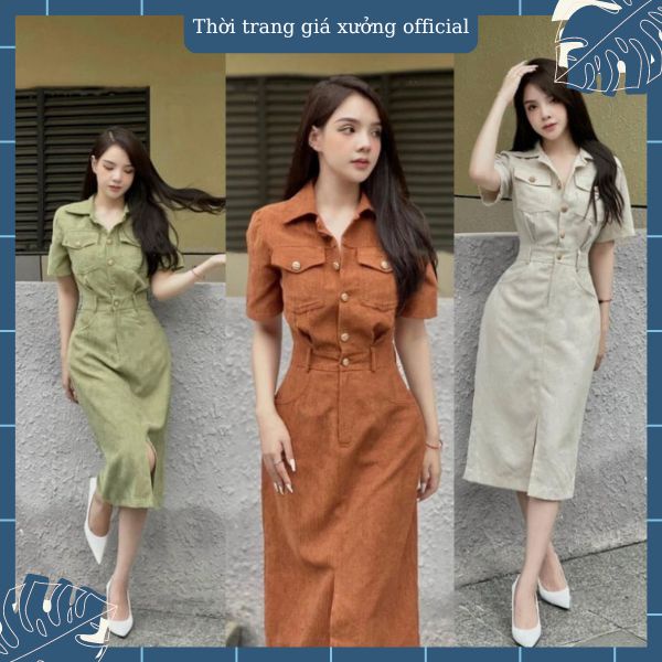 Váy sơ mi nhung tăm dáng dài xẻ trước chun sau sang trọng