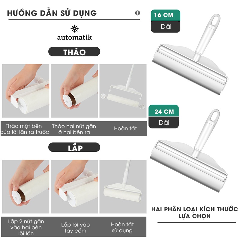 Cây Lăn Bụi Cán Dài Làm Sạch Quần Áo Ga Giường Sofa Sàn Nhà Có Nắp 16cm, 24cm Lăn Lông Tóc Siêu Dính Siêu Tốc Automatik