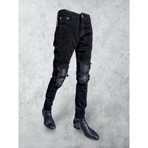 Quần BIKER JEANS đen đáp da 2/2