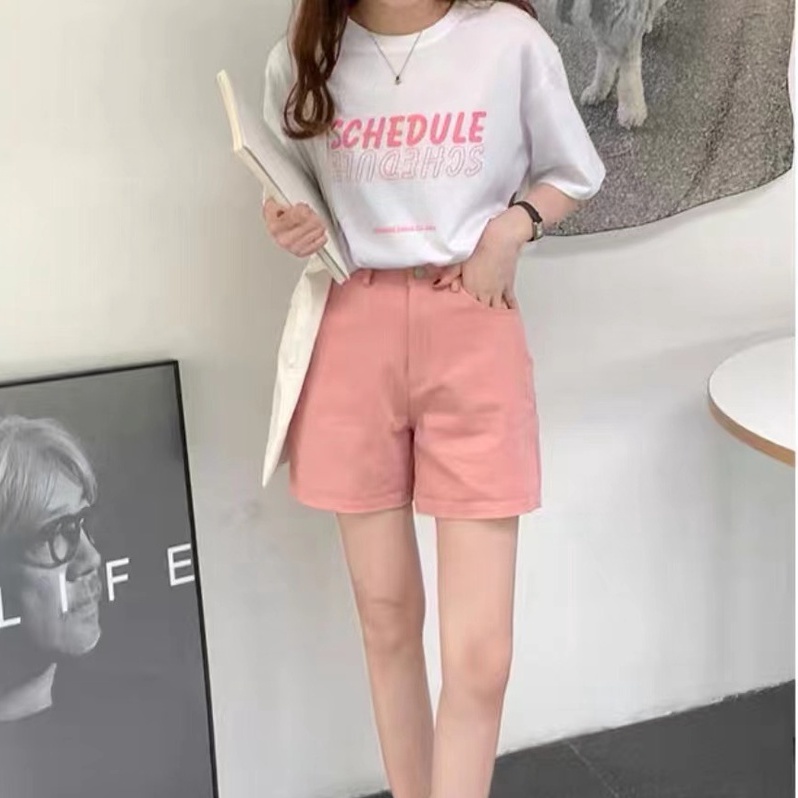 Quần short BH denim lưng cao ống rộng màu sắc tươi sáng phong cách Hàn Quốc dành cho nữ