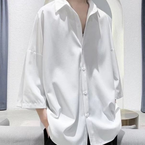 Áo sơ mi ngắn tay xẻ tà dáng rộng màu trơn phong cách Hàn Quốc mặc thường ngày retro cho nam