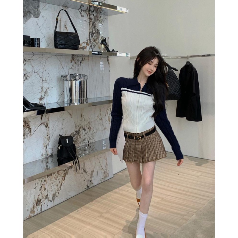 Bộ Áo Khoác Dệt Kim + Chân Váy Xếp Ly Sọc Ca Rô Thời Trang Xinh Xắn Cho Nữ