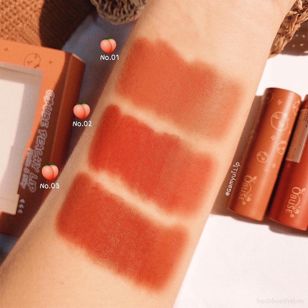 Bộ 3 Soņ sáp lì Obuse Peachy Lip Matte &amp; Silky Thái Lan