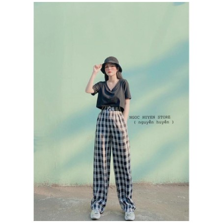 Quần suông kẻ lưng cao  - Quần Cul dáng thụng kẻ ô cúc cảnh | BigBuy360 - bigbuy360.vn