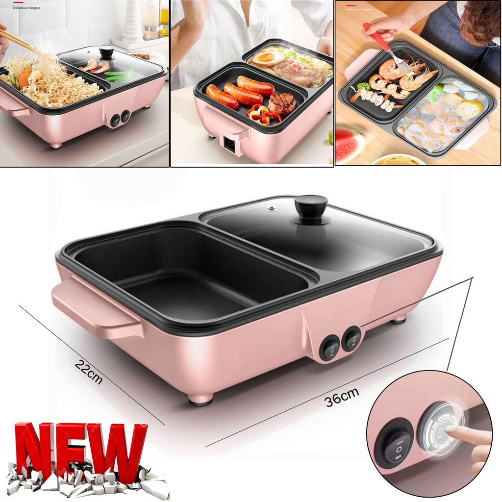 Bếp Điện Mini 2 Ngăn,Nồi Lẩu Nướng Đế Chống Dính, Bảo Hành 6 Tháng