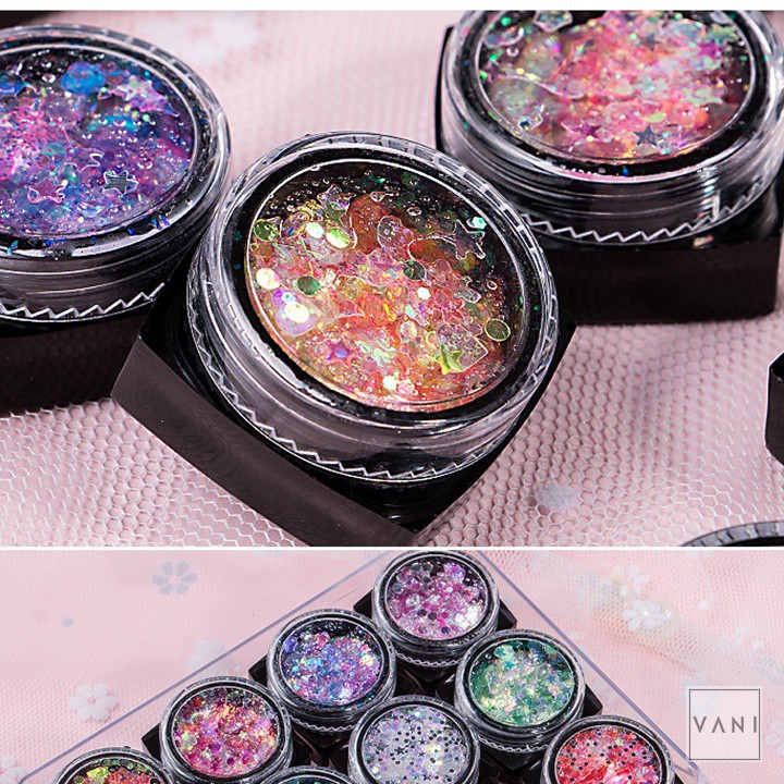 Set 12 Nhũ Mắt Kim Tuyến Kira Glitter Sẵn Keo Hũ Đen - Vani Store [KIRA0064]