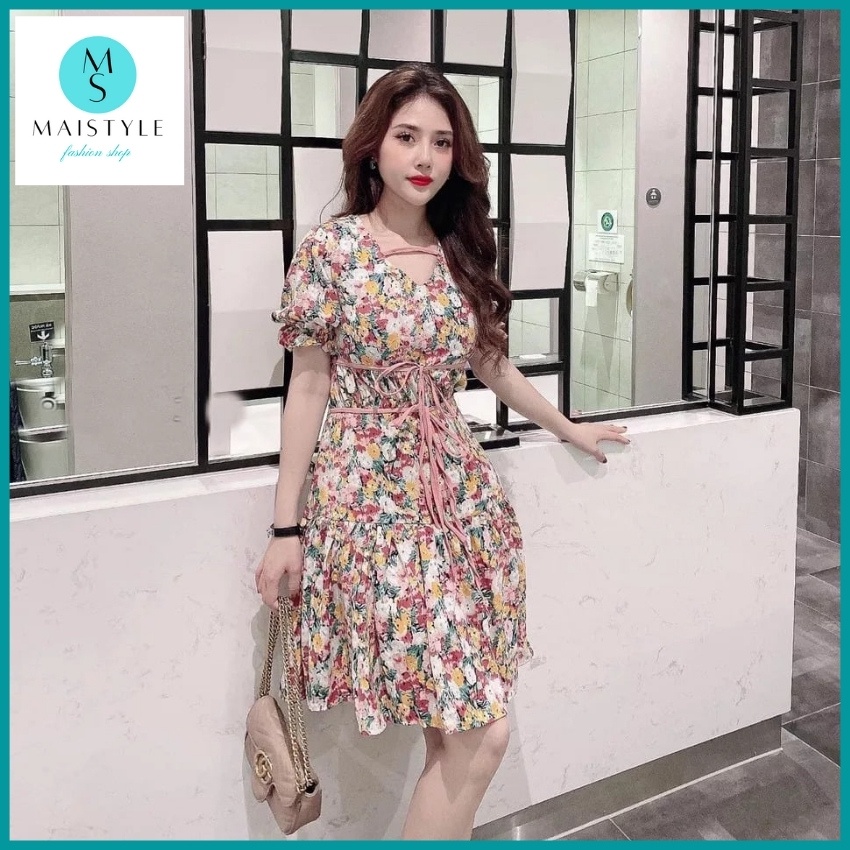 Đầm hoa nhí đi biển MAISTYLE váy voan tiểu thư xinh đi chơi tay phồng ngắn ulzzang bánh bèo cổ V MY1036