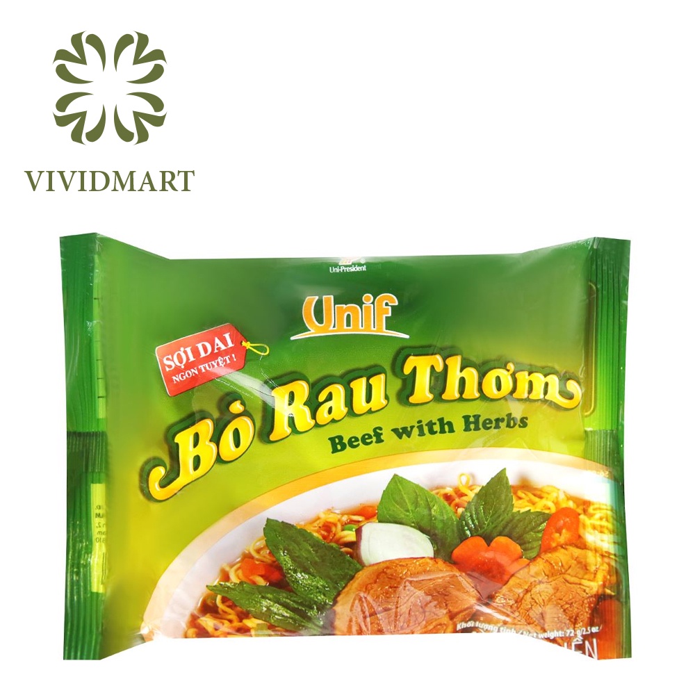 MÌ UNIF 3 VỊ: BÒ RAU THƠM, TÔM CHUA CAY, CHAY ĐÔNG CÔ - GÓI 72G - UNI President