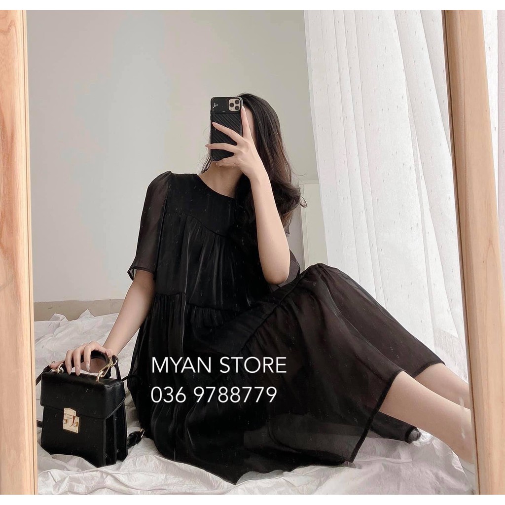 Váy babydoll Ulzzang voan 2 lớp, váy trắng cổ tròn dáng xòe