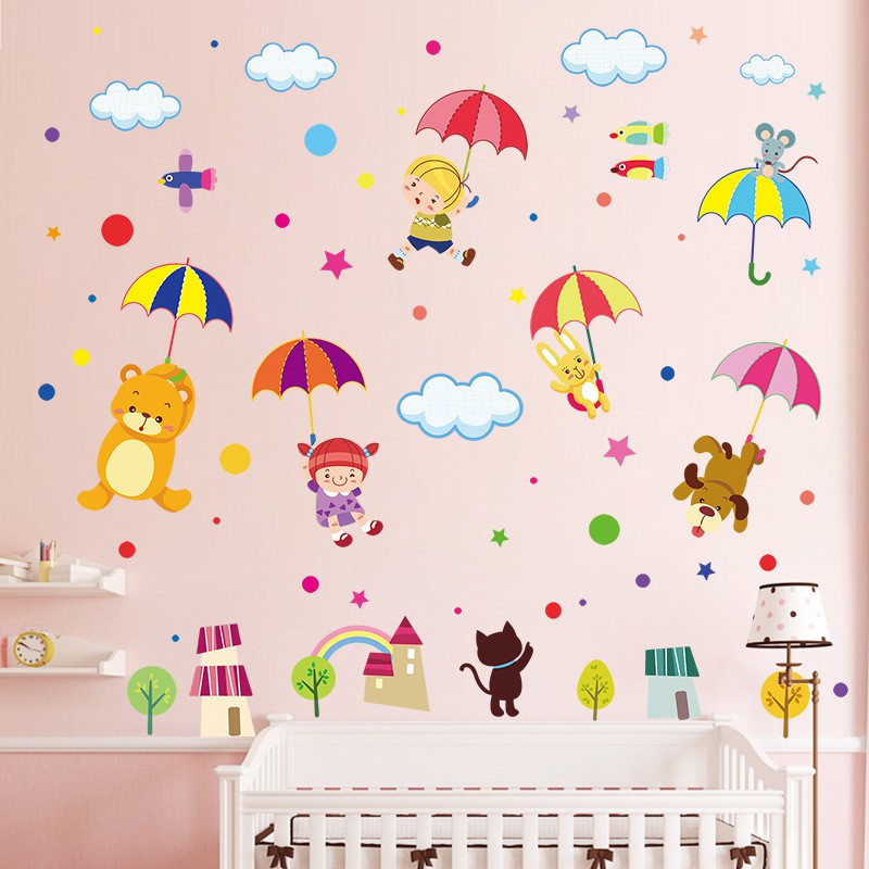 Decal dán tường - Giấy dán tường - Bé chơi ô và cầu vồng - kiddecals