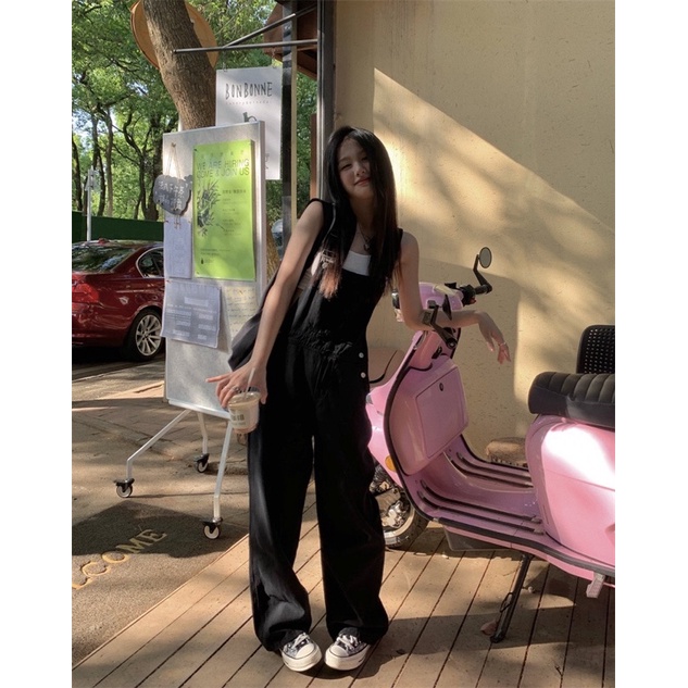 Quần bò yếm jeans đen ống rộng basic ulzzang Hàn Quốc Yannie