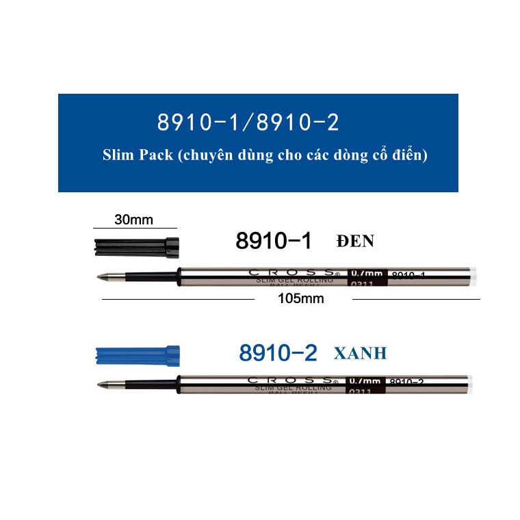 Ruột Bút Chính Hãng Cross 8910-2 Màu Xanh Gel Rollerball Refill