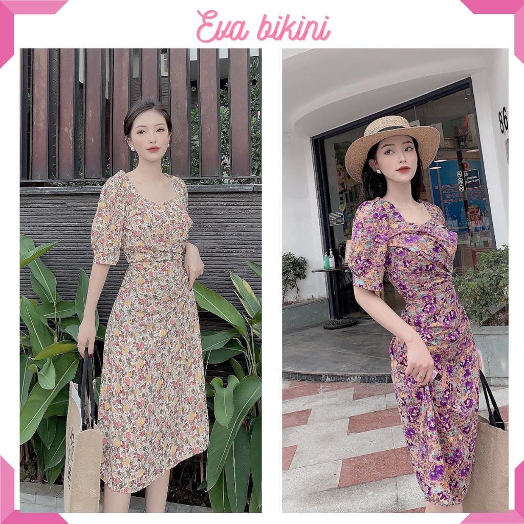 Váy hoa nhí Vintage xếp ly cổ vuông Hottrend V13 EVA