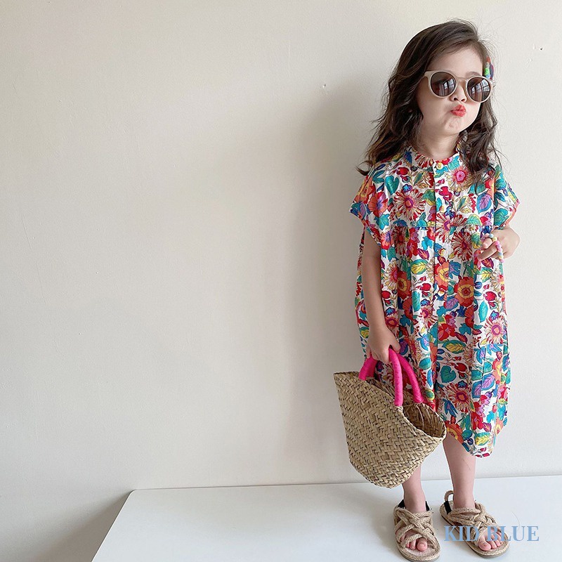 Bộ Áo Liền Quần Hở Vai Tay Ngắn Dáng Rộng In Hoa Thời Trang Mùa Hè Hàn Quốc Cho Bé Gái