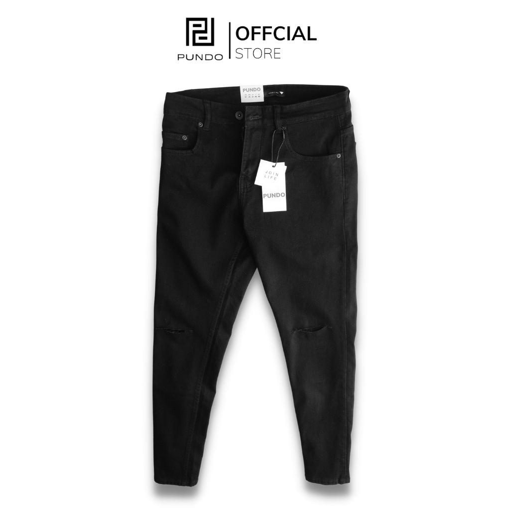 Quần jean dài nam màu đen trơn rách dễ phối chất cotton jean cao cấp PUNDO QJPD04