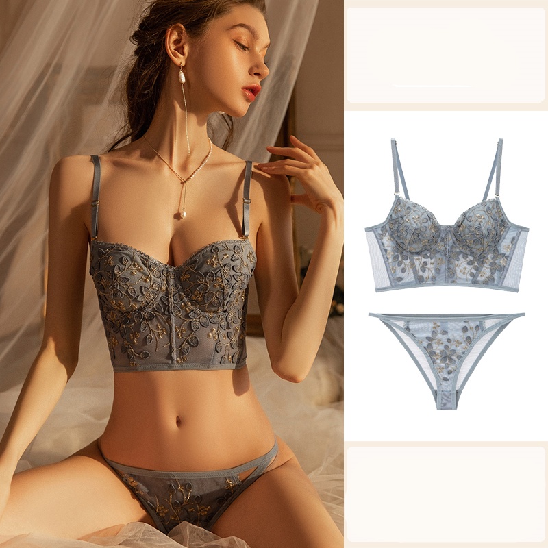 Set 1 Bộ Đồ Lót Mềm Mại Thêu Ren Có Đệm Nâng Ngực Cho Nữ