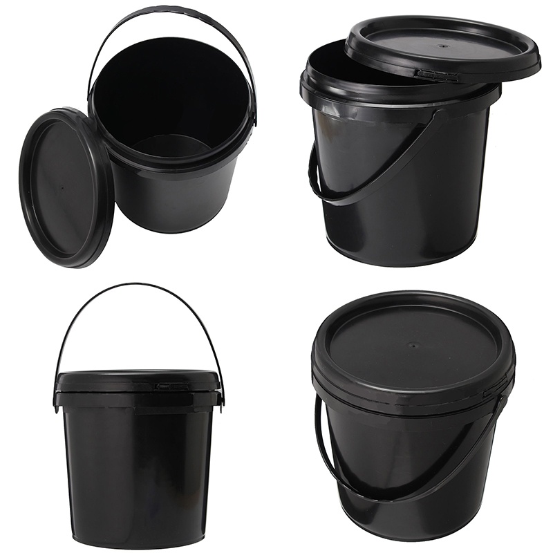 Set 5 Xô Nhựa Tròn Dày Màu Đen Có Nắp Và Tay Cầm