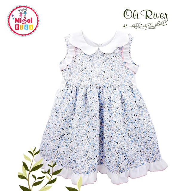 Đầm bé gái váy cho bé gái Oliriver xanh hoa nhí 2-6 tuổi cổ sen trắng nơ eo chính hãng cực xinh - Misolkids by huong274