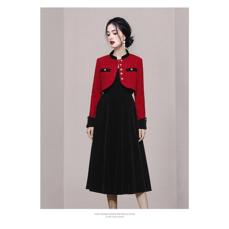 Xiaoxiangfeng OL Bộ Áo Khoác Vest Ngắn Vải Tweed Đỏ Phối Chân Váy Nhung Đen Phong Cách Phương Tây Thời Trang Mùa Thu 2022