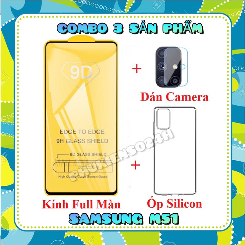 Samsung M51 - Combo 3 Sản Phẩm Kính Full màn hình M51 + Ốp dẻo silicon trong suốt M51 + dán bảo vệ camera M51