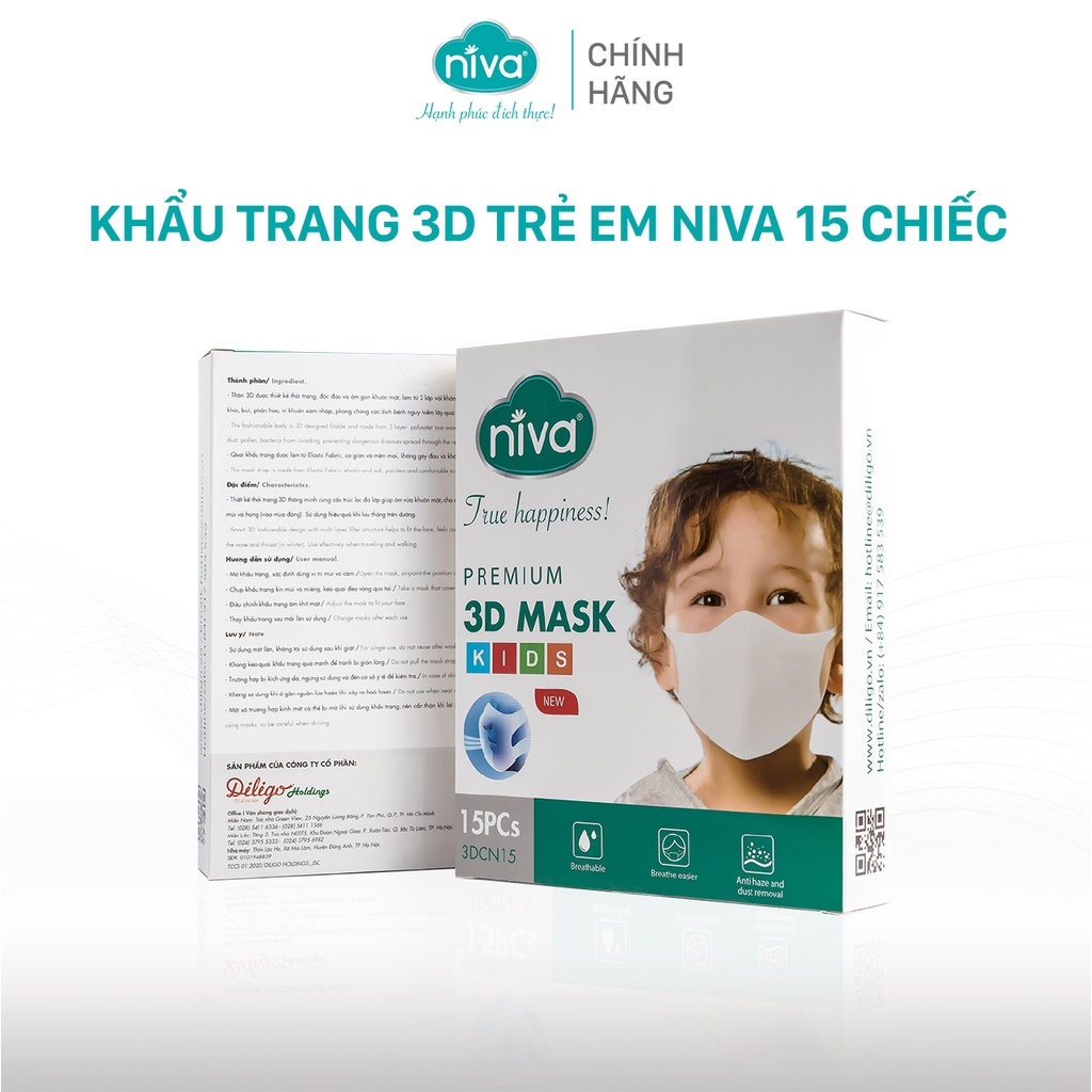 Khẩu Trang 3D Trẻ Em NIVA Hộp 15 Cái Cấu Trúc 3 Lớp Ngăn Bụi Mịn Kháng Khuẩn Hàng Chính Hãng Cao Cấp Cho Bé Từ 1-6 Tuổi