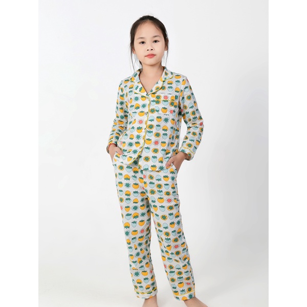 Bộ đồ ngủ Pijama áo dài quần dài cho bé gái hình quả dâu vàng