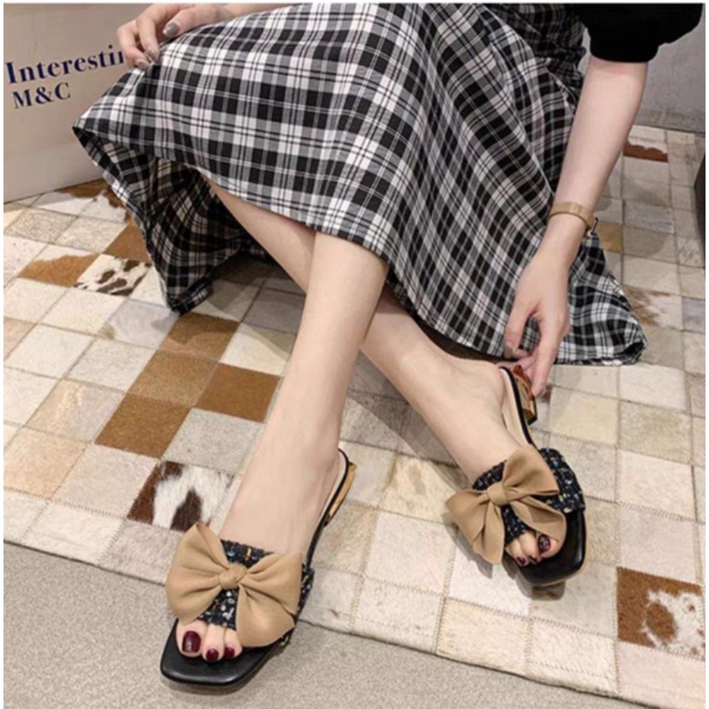 Dép/Sandal quai ngang lấp lánh, nơ mềm, đến vuông mạ vàng xinh xắn sang chảnh, đế 3cm - 1000025
