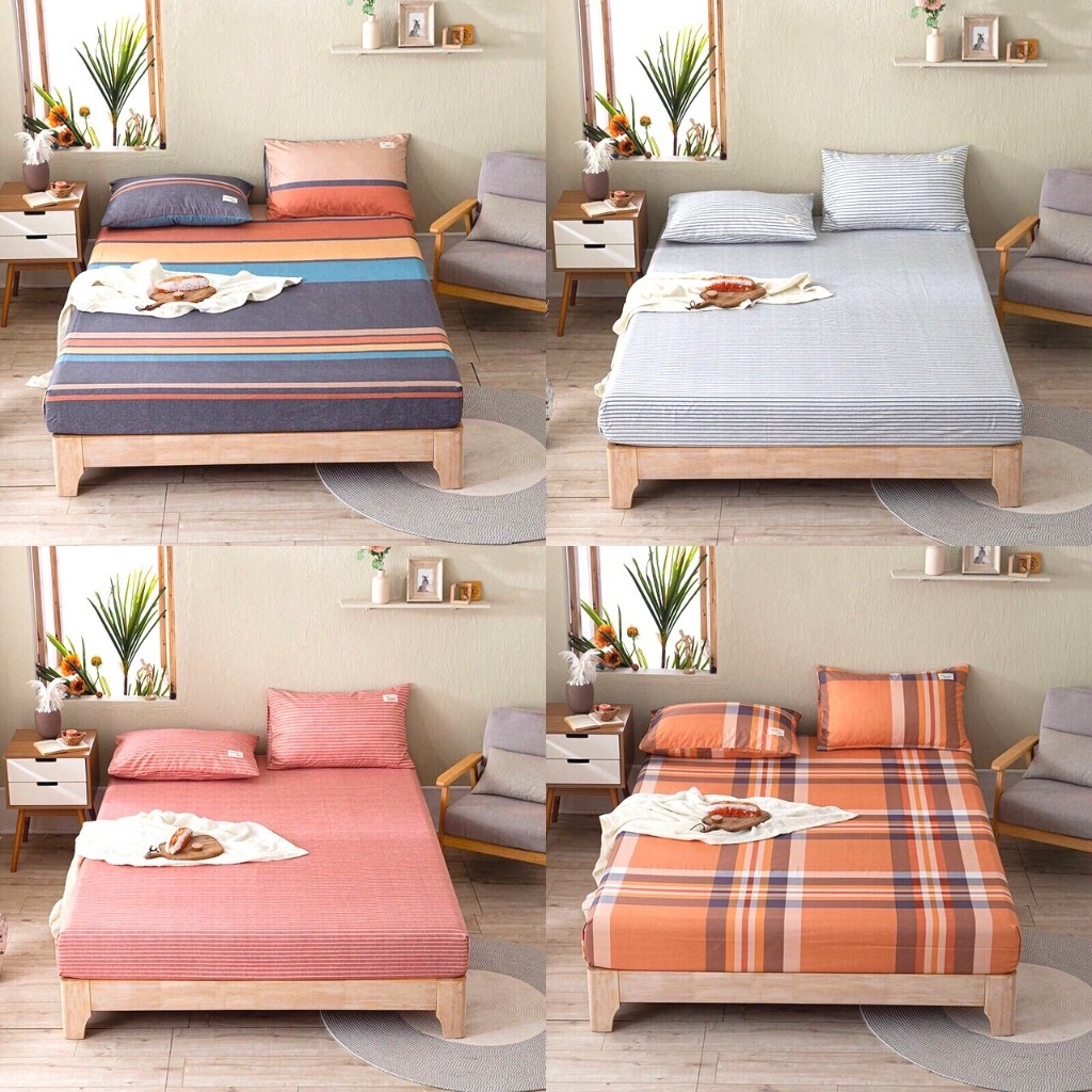 Bộ chăn ga gối , drap giường 3 chi tiết cotton TC họa tiết kẻ nhiều màu sắc